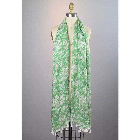 ANN TAYLOR FLORAL PRINT LONG WRAP GREEN TASSELS OS - Picture 1 of 6